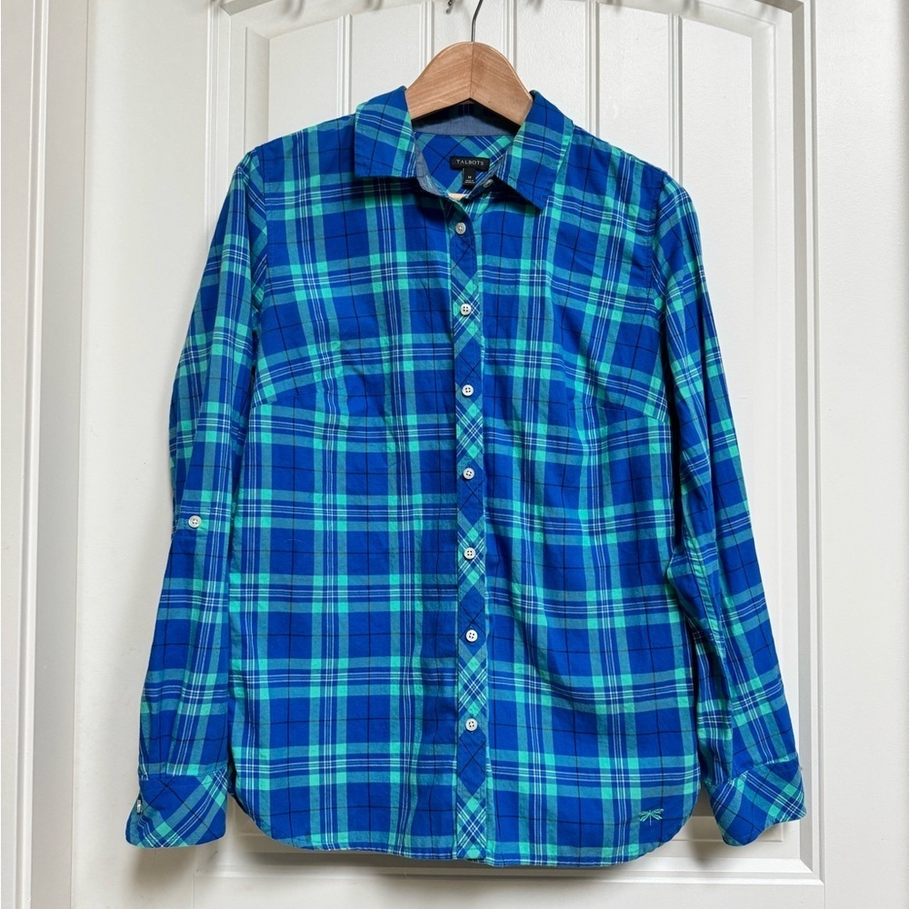 Talbots 100% Cotton Blue and Green Plaid Button Down with Adjustable Sleeve. M
